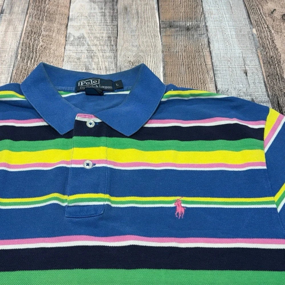 VTG Polo Ralph Lauren Polo Shirt Mens Large Multicolor Striped Preppy Y2K 90s